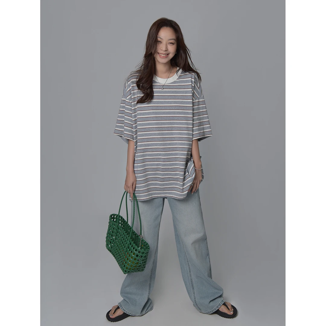 SIXI四喜家 自由时光 慵懒条纹短袖T恤女夏宽松休闲大版阔形TEE