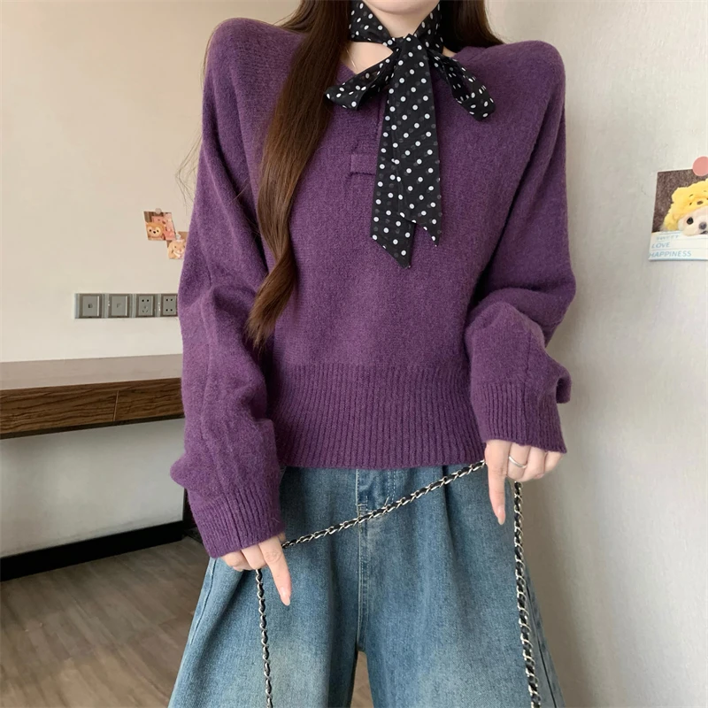设计感波点领结外穿毛衣女秋冬季新款韩版百搭宽松软糯长袖针织衫