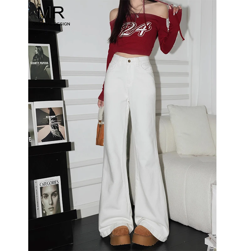 白色高腰微喇牛仔裤女2025春秋新款宽松显瘦不贴腿垂感拖地喇叭裤