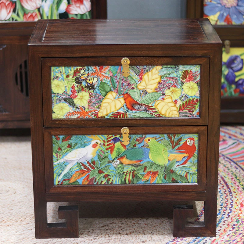 床头柜中式老榆木边几多功能收纳摆件