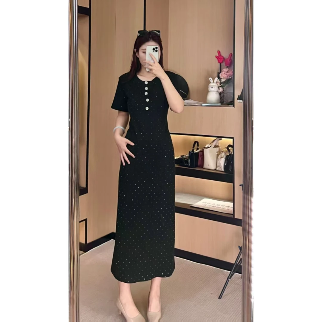 胖大大微胖定制~显瘦气质黑色时尚开叉法式日常连衣裙JWT1092