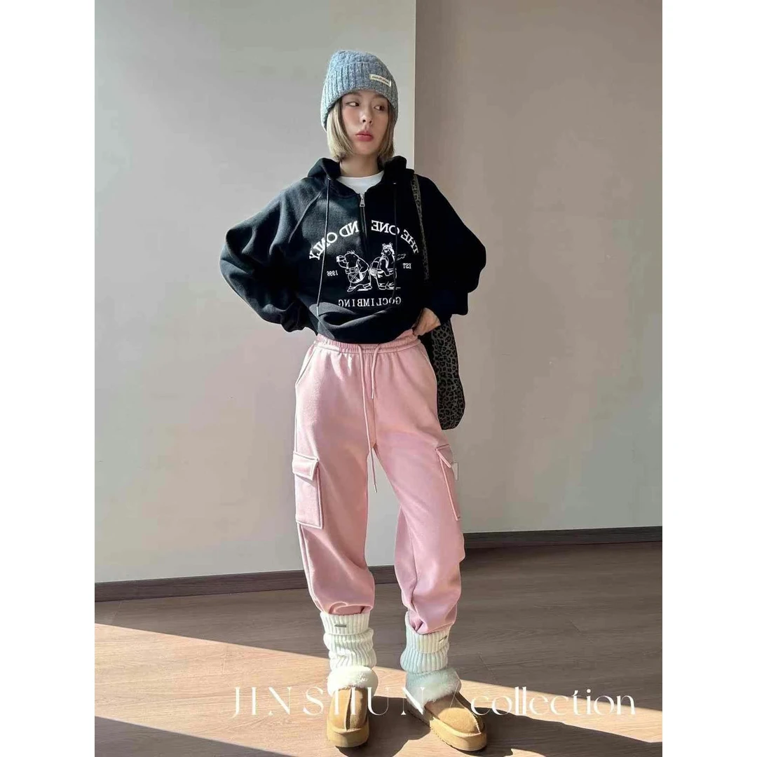 KIKI严选：8801-YS家欧货南油原创设计时尚松紧腰加绒工装裤