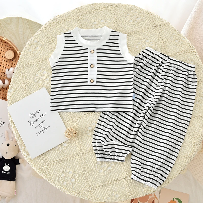 婴儿无袖横条薄款套装夏季爬服新生儿哈衣可爱宝宝外穿透气夏装