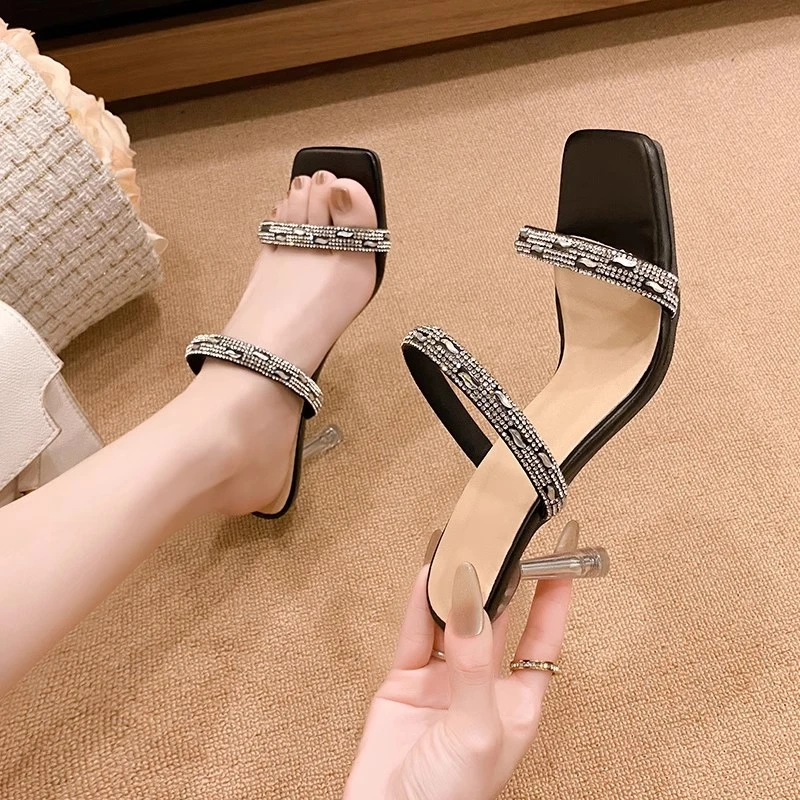 高跟凉鞋女细跟水钻一字带黑色2024年新款欧美夏季气质名媛高跟鞋