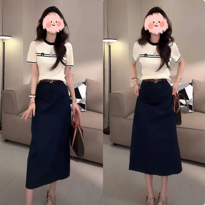 洋气休闲装2025夏季撞色短袖针织上衣T恤百搭半身裙显瘦气质套装