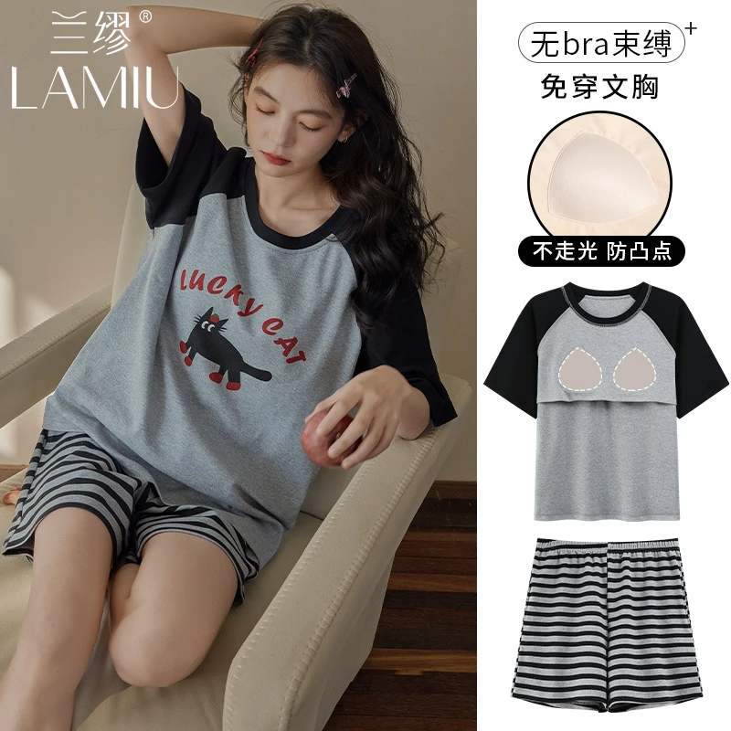 夏季睡衣女士2025新款棉质短袖带胸垫一体宽松大码少女家居服套装