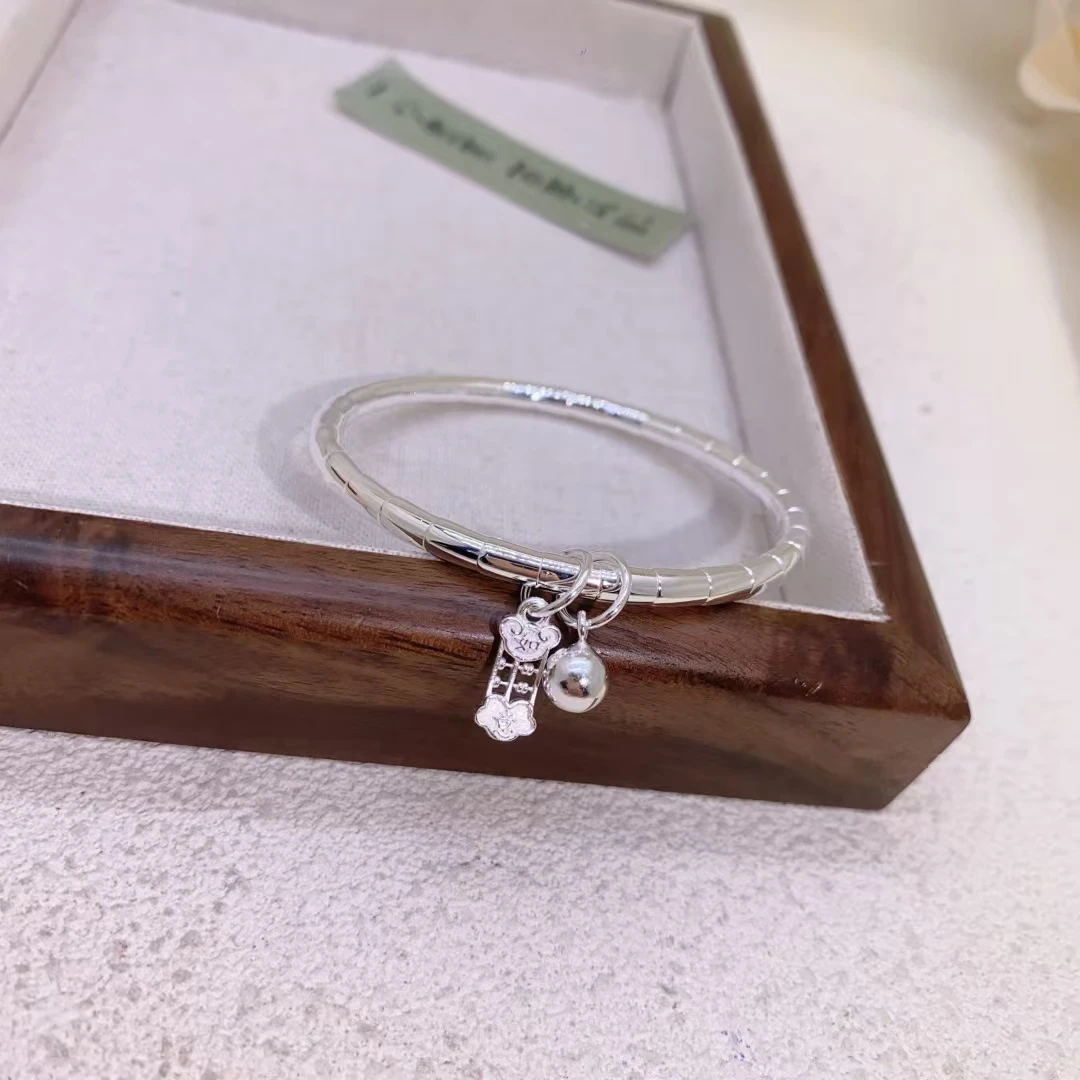 足银手镯 竹节圆棍闭口吊算盘铃铛28克足银999.9