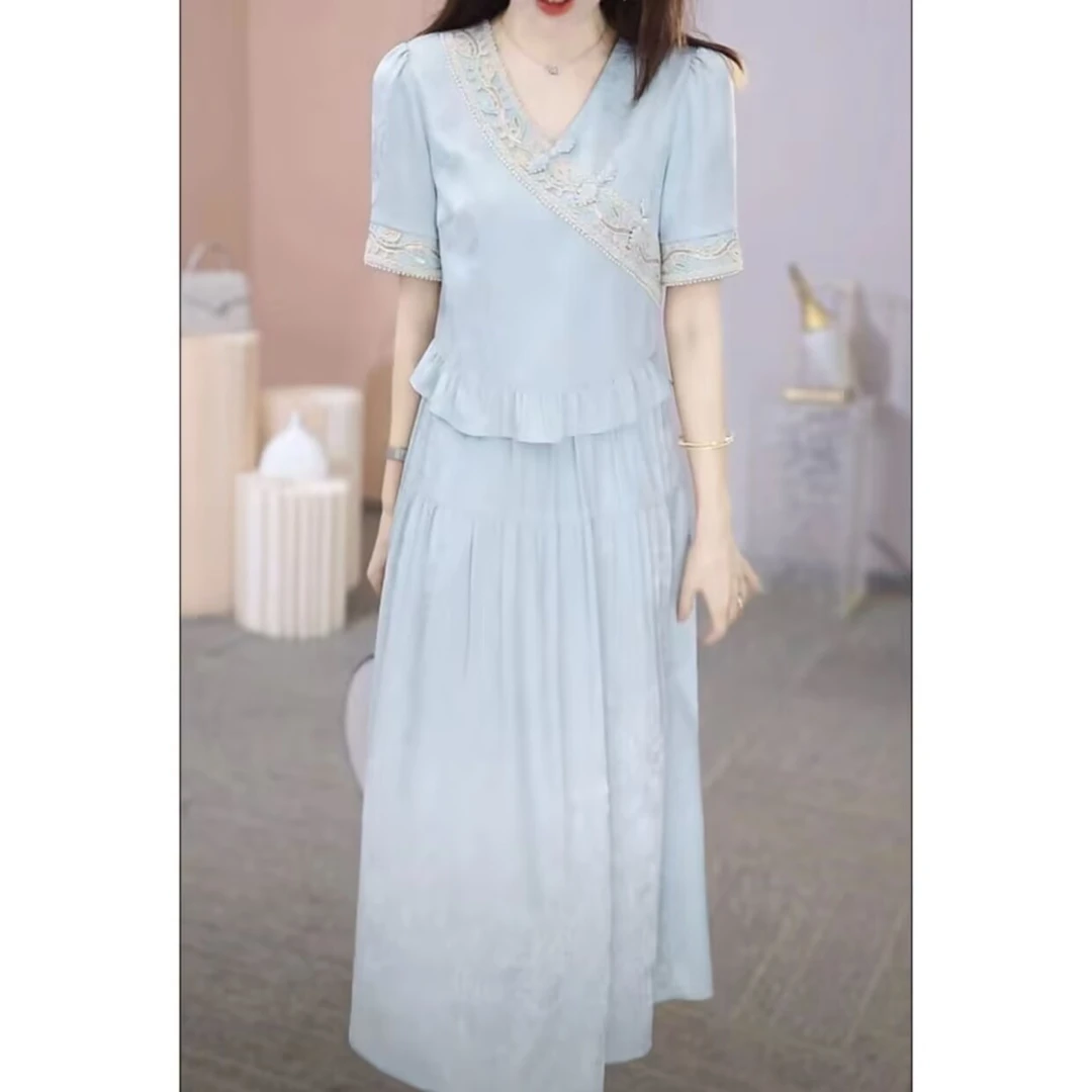 高档冰丝缎假两件中式优雅气质甜美礼服裙2025夏季新款国风连衣裙