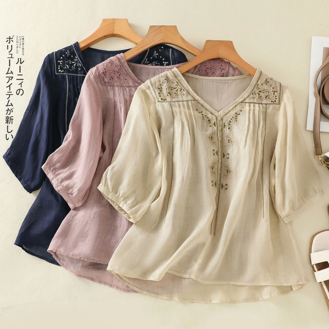 TIMI 343棉麻文艺五分复古刺绣新款立领T恤