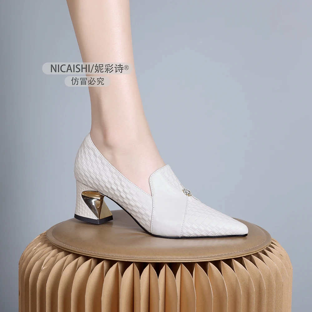 2025年新款欧美浅口粗跟一脚蹬优雅配裙子气质舒适百搭女单鞋1021