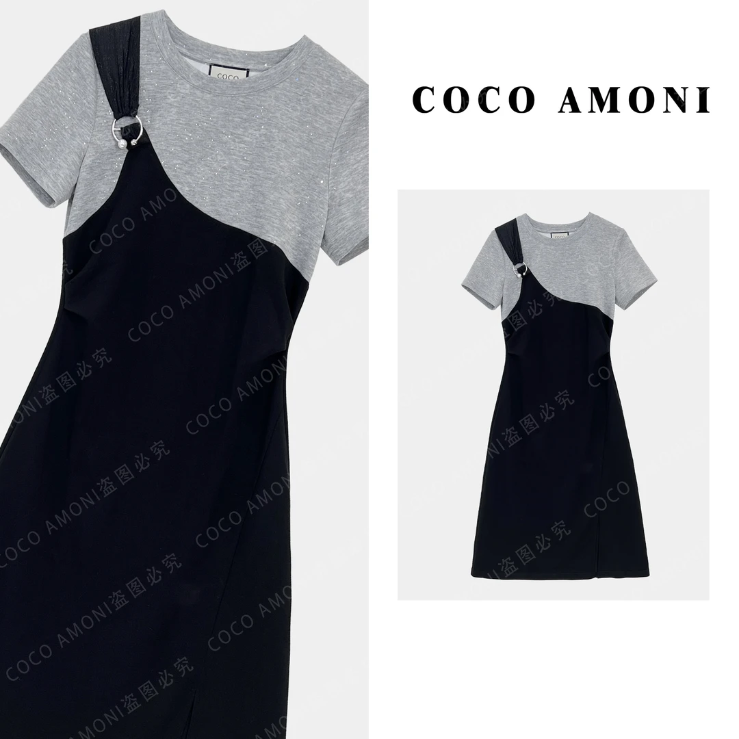 新款夏日爆款时尚女装拼接重工亮钻假两件显瘦气质连衣裙AC353