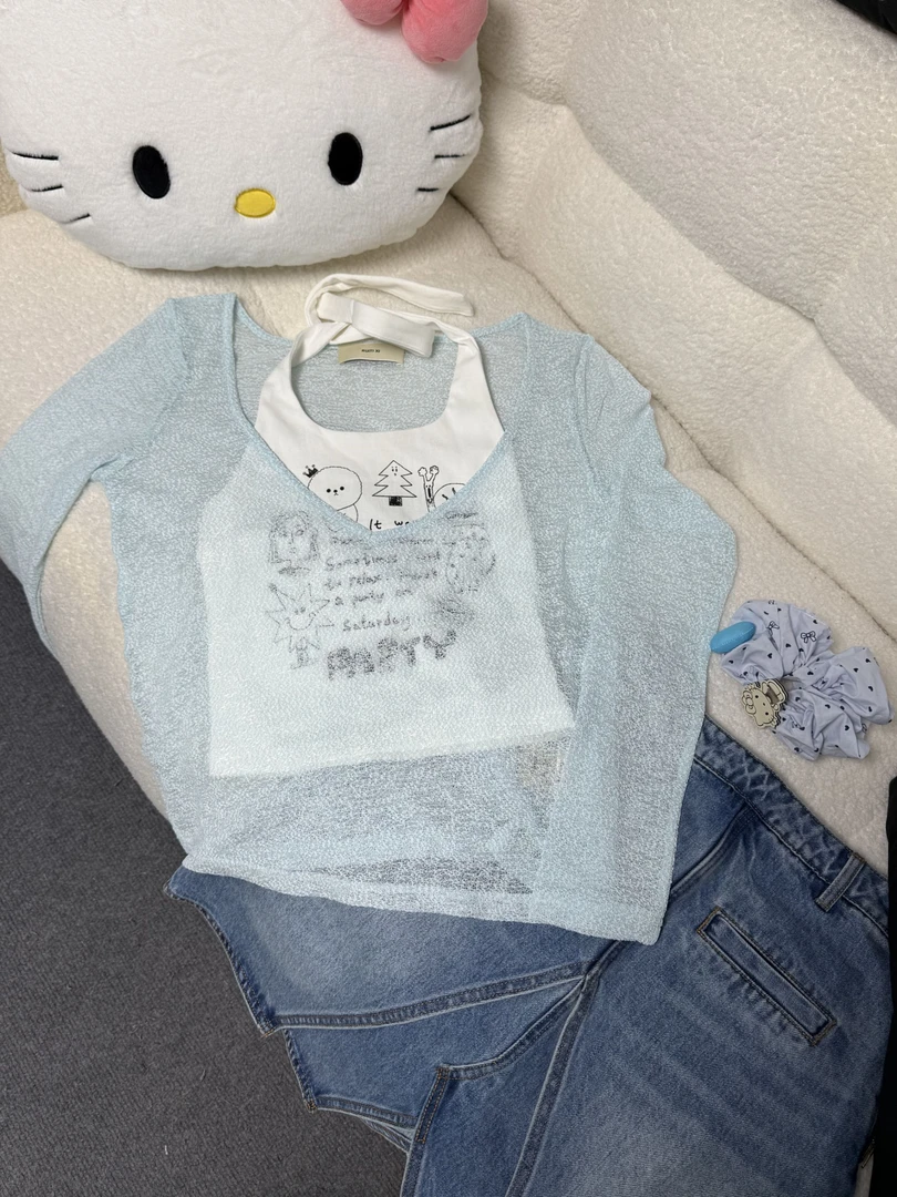 BLX--8023（深圳南油出品）新款小众设计款卡通印花两件套上衣韩版