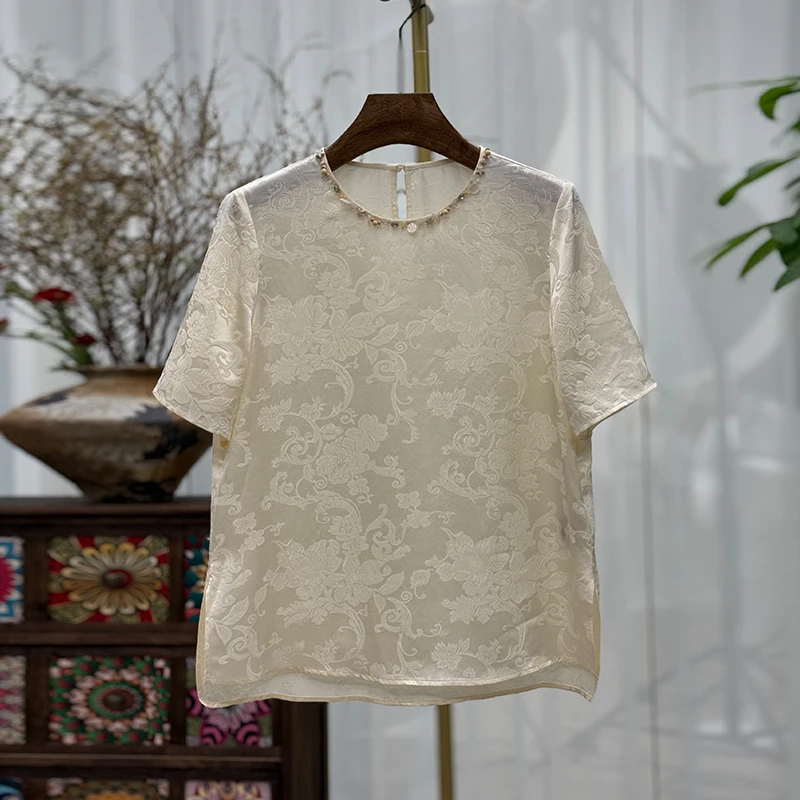 【影】新中式6A级百分百桑蚕丝冠乐绉T恤圆领提花短袖百搭国风上衣