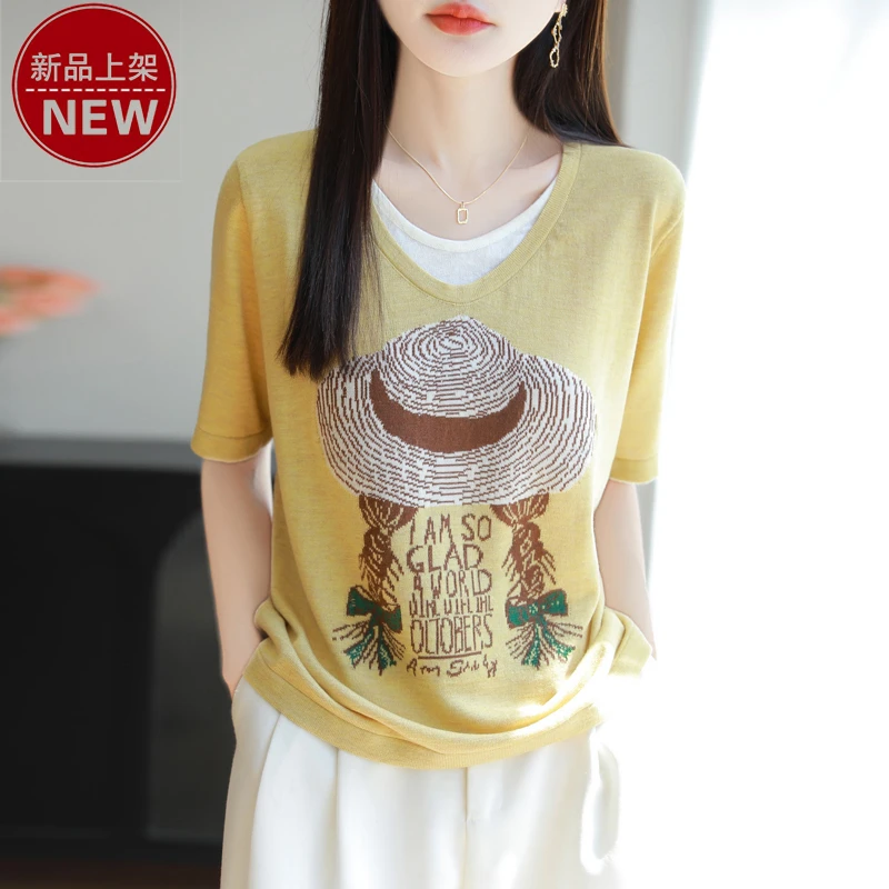 2025新款夏季草帽女孩双V领针织衫洋气简约时尚减龄短袖百搭上衣