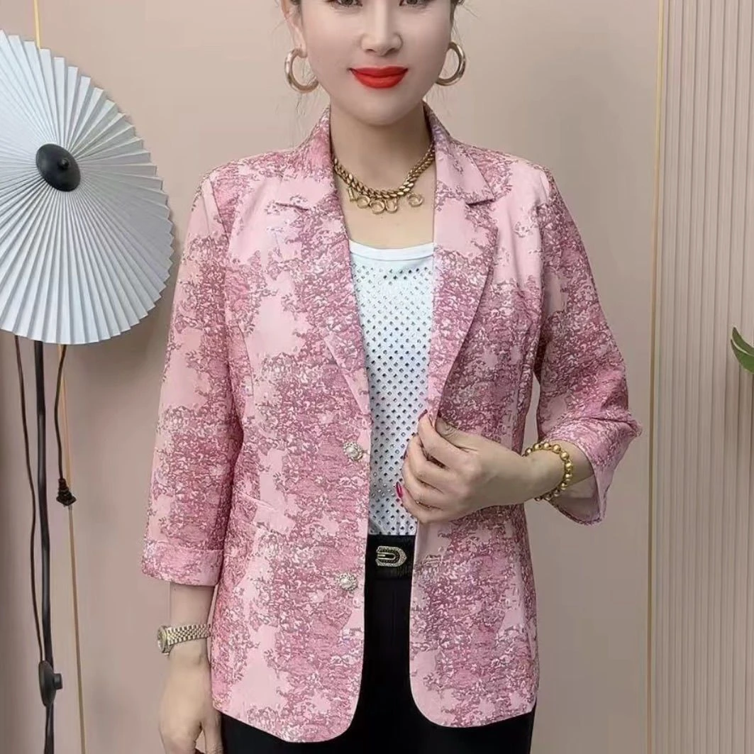 网纱七分袖西装外套女2025夏季新款弹力修身显瘦遮肉百搭减龄西服