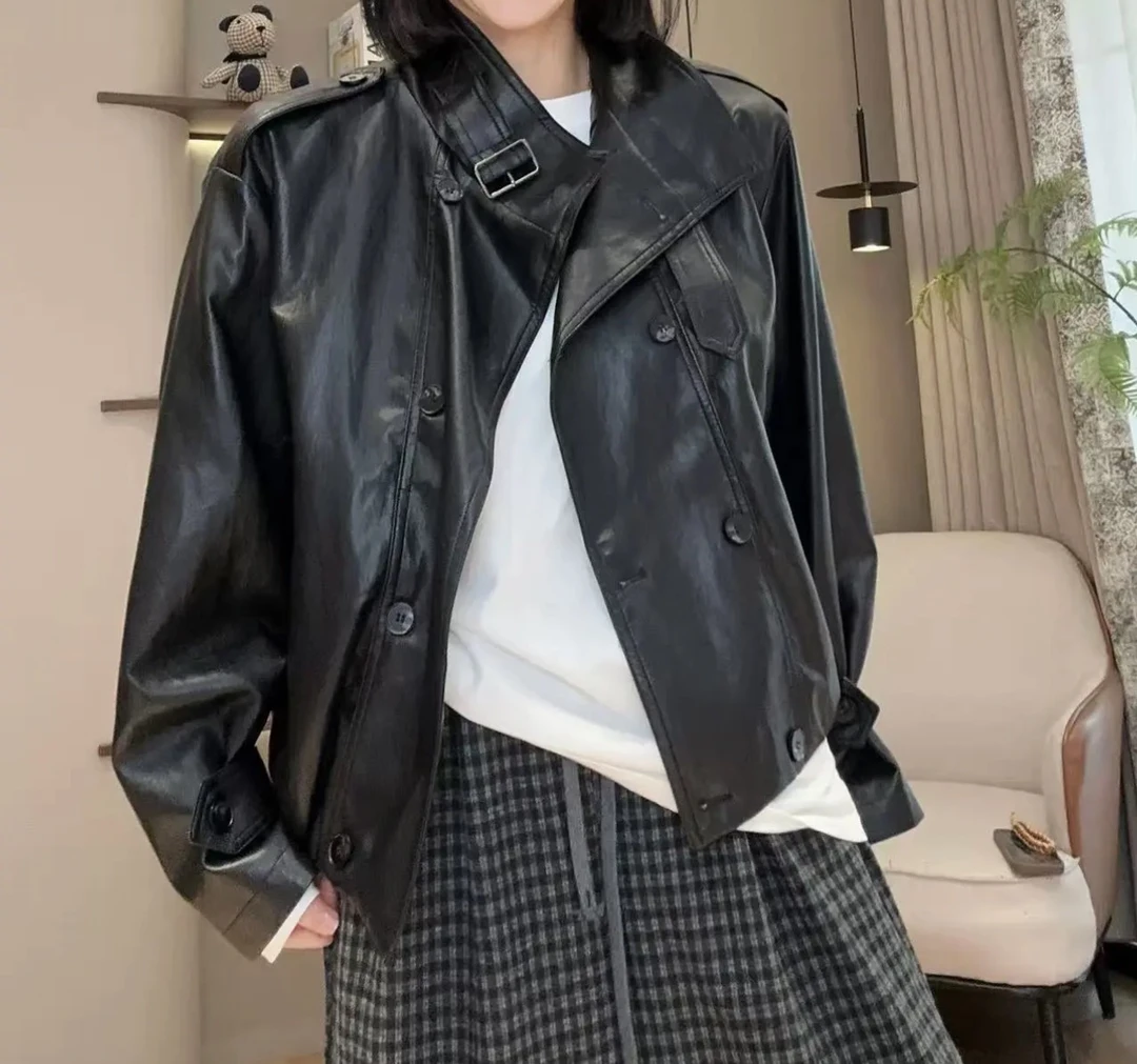港风复古大码双排扣皮衣外套女2025秋季新款机车范pu皮夹克