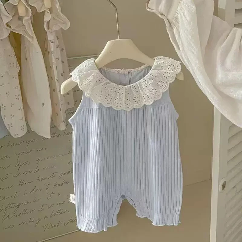 【海盐蓝】女童连体衣2025婴儿春夏洋气公主爬服女宝宝夏季条纹蕾丝