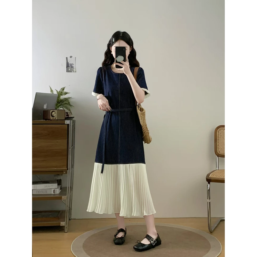 夏季爆款小个子复古感拼接牛仔直筒新款宽松气质连衣裙小众女装