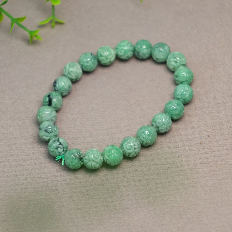 #H827满绿天然A货老翡翠龙纹雕花珠子手串手链