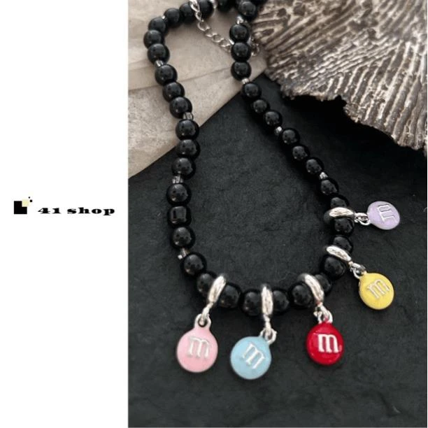 非金属树脂项链 B无编号彩色m豆吊坠珠珠项链时尚拼接百搭