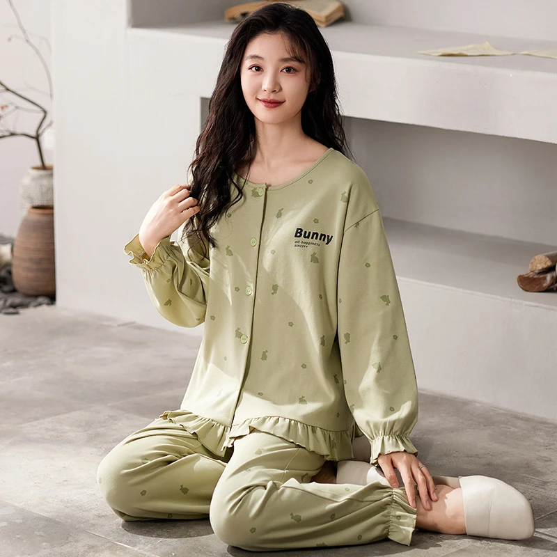 莉莉家新款女士加厚纯棉绿色小花兔开衫圆领长袖睡衣套装家居服