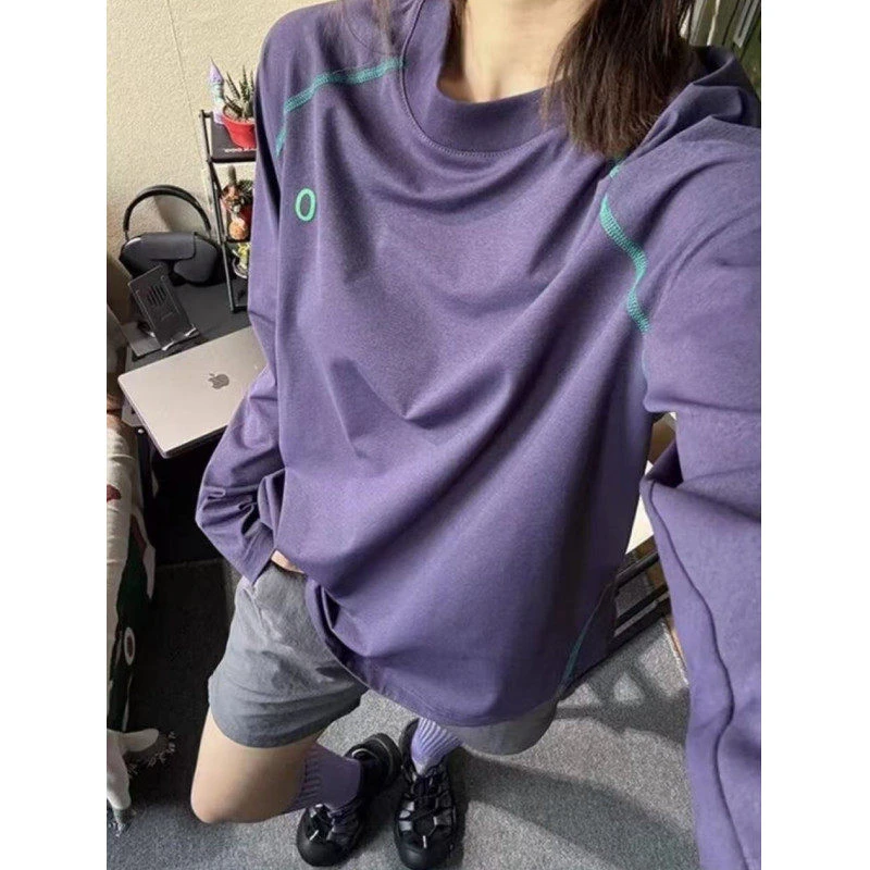 暗葡萄紫色机能薄款运动速干插肩袖宽松防晒长袖T恤户外骑行服夏
