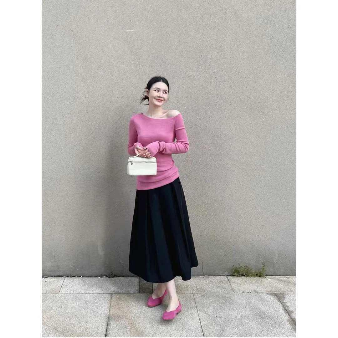 2025年超火春季韩系氛围感穿搭一整套高级感玫粉色针织衫套装裙女