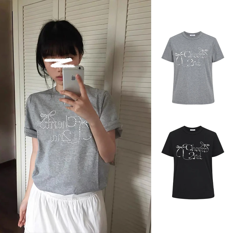 Moses Queen/魔西女王蝴蝶结烫钻正肩短袖T恤显瘦百搭宽松上衣