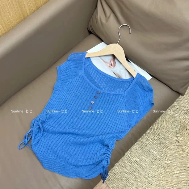 韩版方领不规则纯色上衣夏季镂空短袖修身型0个4