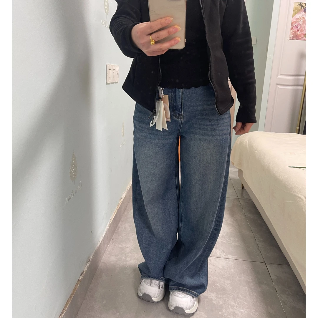 5560常规休闲风女秋冬秋季中腰牛仔裤加绒宽松复古韩版简约百搭