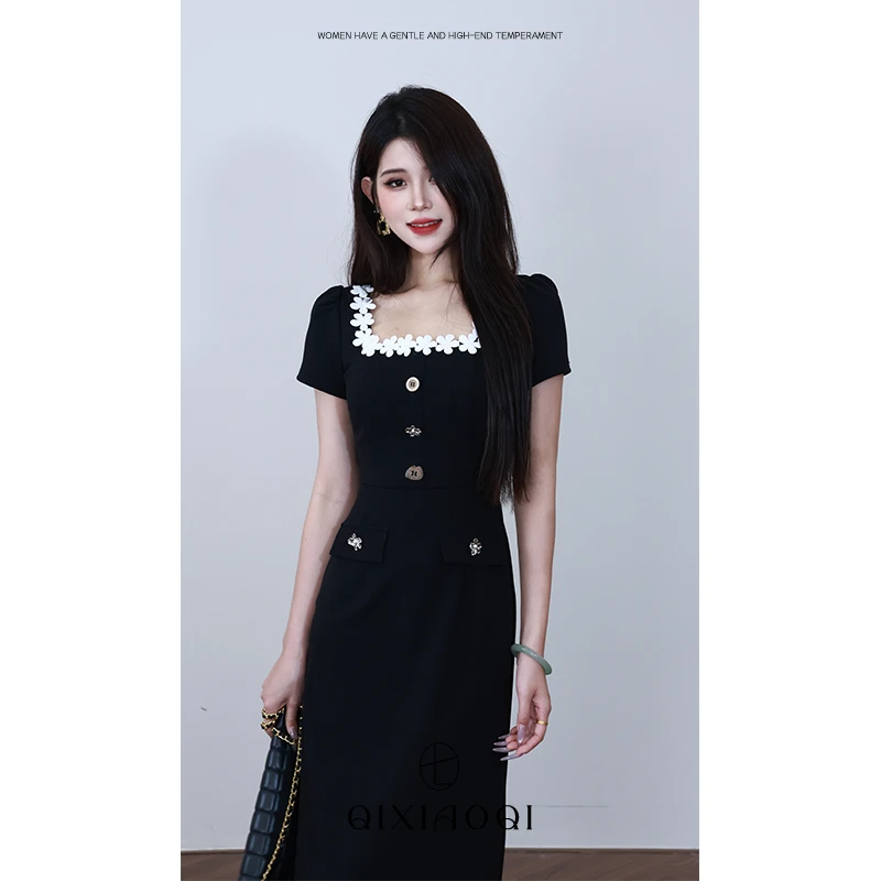 七小七Sicily【巴曼香颂】法式方领花边设计感黑色长款修身连衣裙