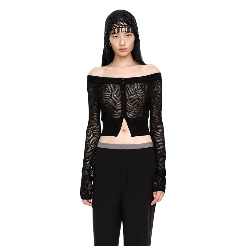【YIRANTIAN】noundnound黑色镂空一字肩长袖针织开衫女25春夏新款