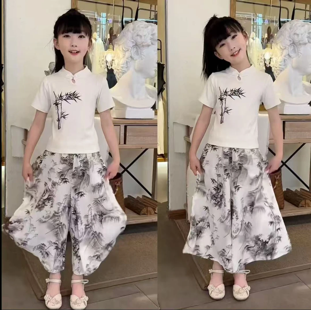 女童中式2025新款时尚休闲复古洋气儿童夏款国风T恤裙裤潮两件套