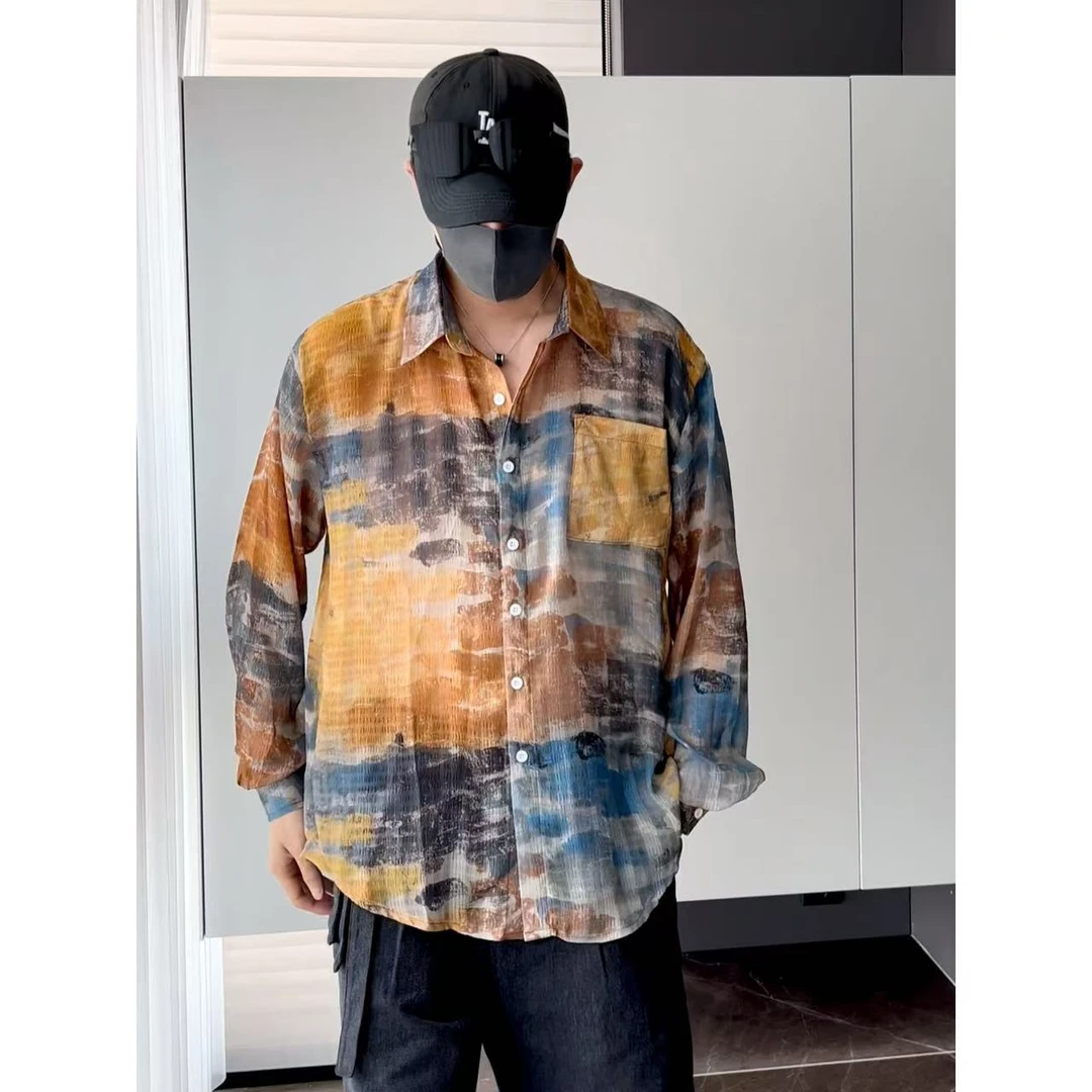 大圣圣 复古做旧薄款宽松长袖衬衫男ins痞帅防晒衫外套FRA 6639