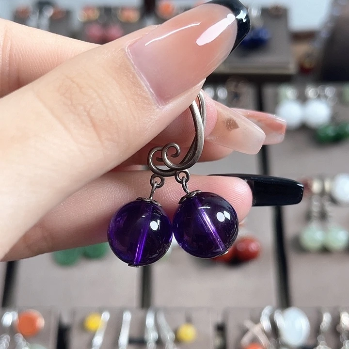 紫晶耳饰银S925镶嵌12左右