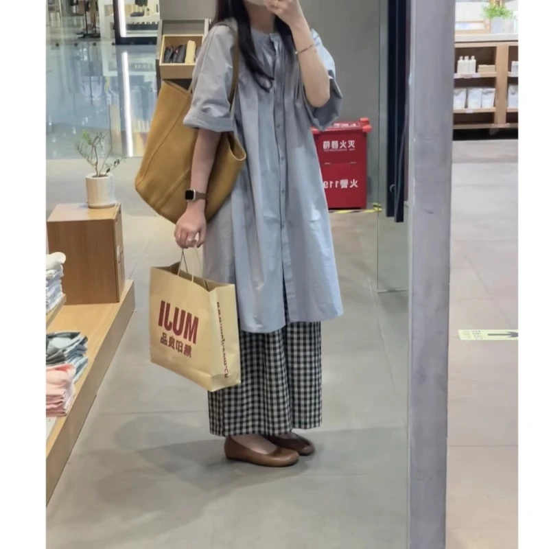 文艺复古漂亮穿搭一整套女夏季新款圆领中长款衬衫搭配格子阔腿裤