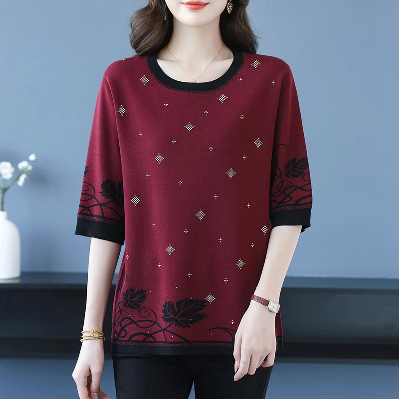 早秋装中袖七分袖t恤针织衫2025新款妈妈装高端气质遮屁股上衣女