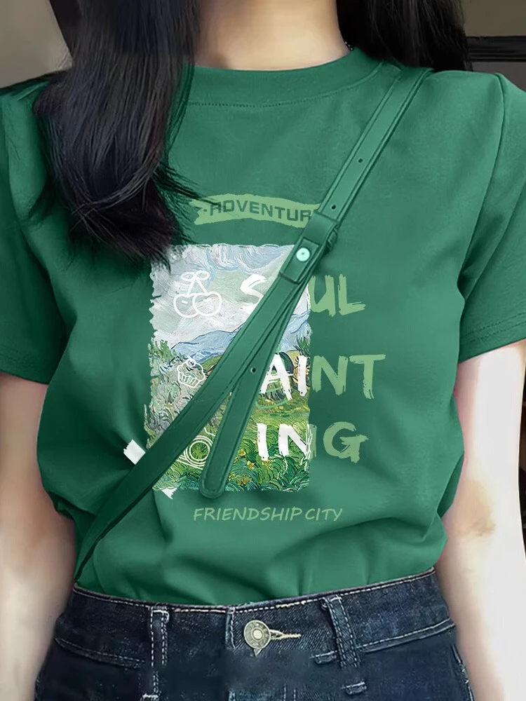 高端休闲墨绿色短袖t恤女夏季新款正肩上衣纯棉半袖多巴胺穿搭女