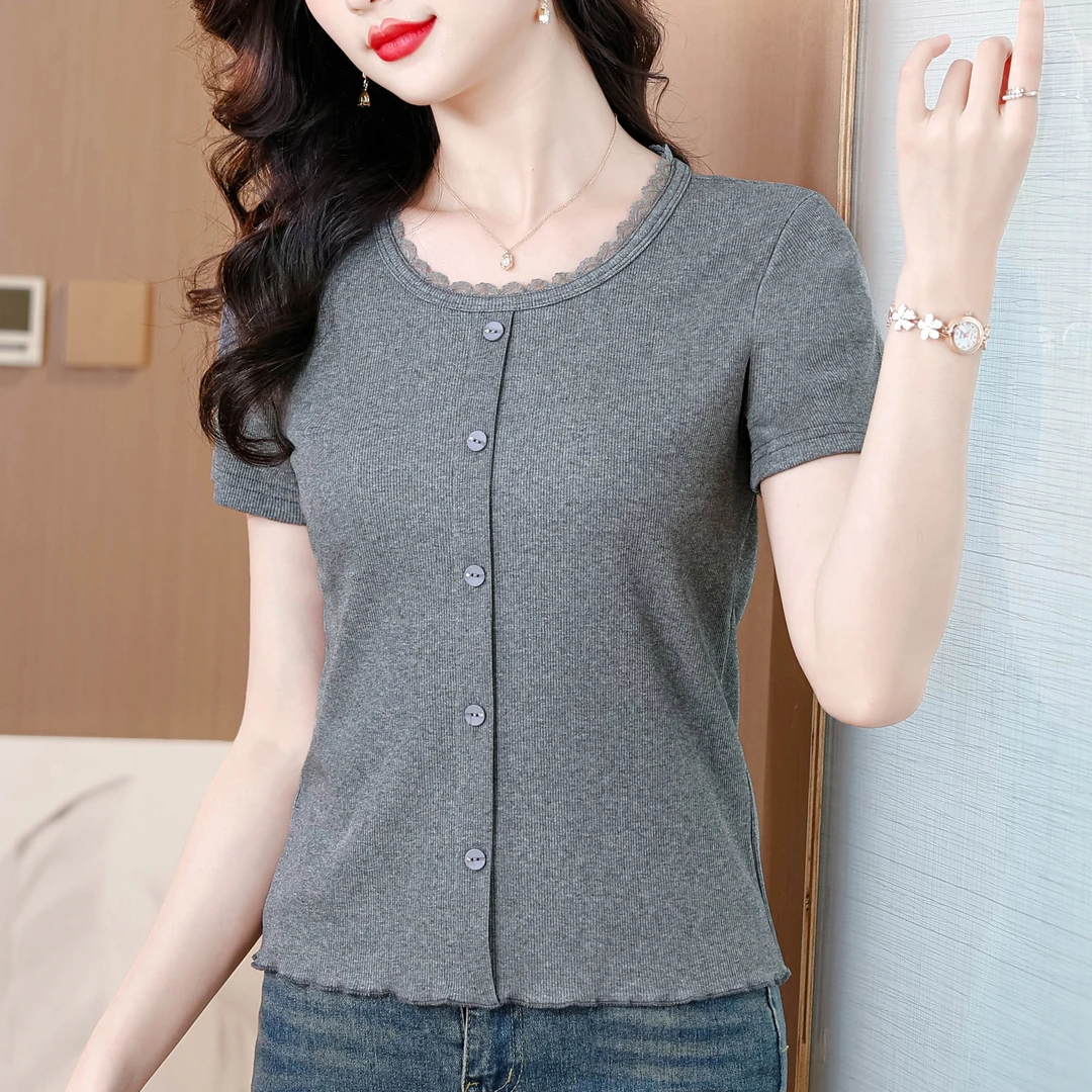 中年妈妈夏装圆领花边气质短袖T恤女士针织小衫洋气减龄修身上衣