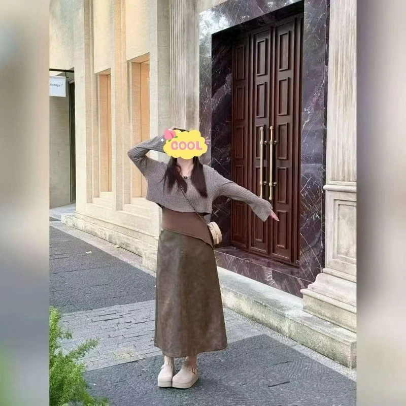 大码微胖遮肚吊带长袖上衣显瘦半身裙秋季三件套装9786#