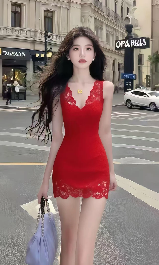 新款氛围感时尚辣妹风气质穿搭红色蕾丝V领无袖修身包臀连衣裙女