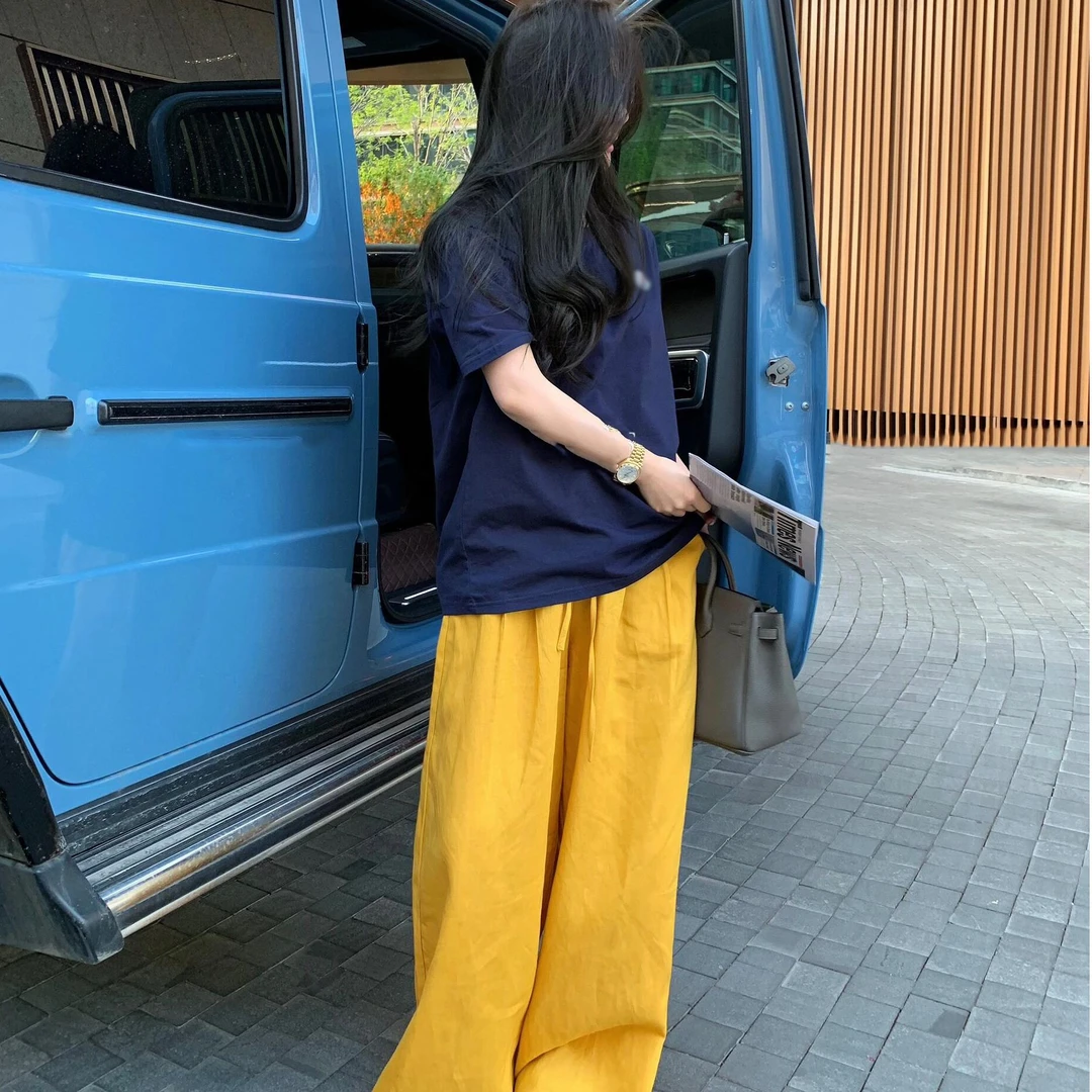 简约休闲藏青色短袖t恤女装2025夏季新款设计感慵懒风宽松上衣潮