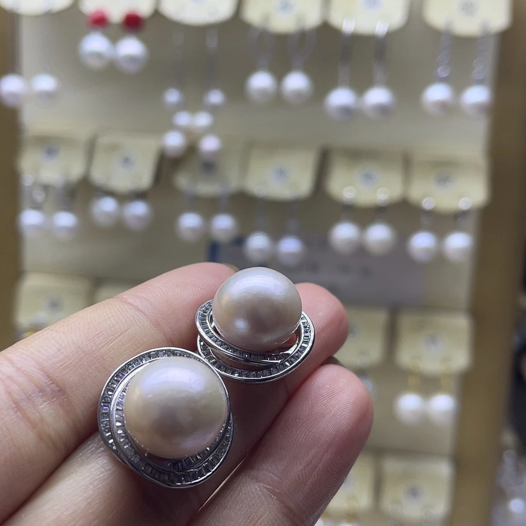 耳饰银S925镶嵌淡水珍珠