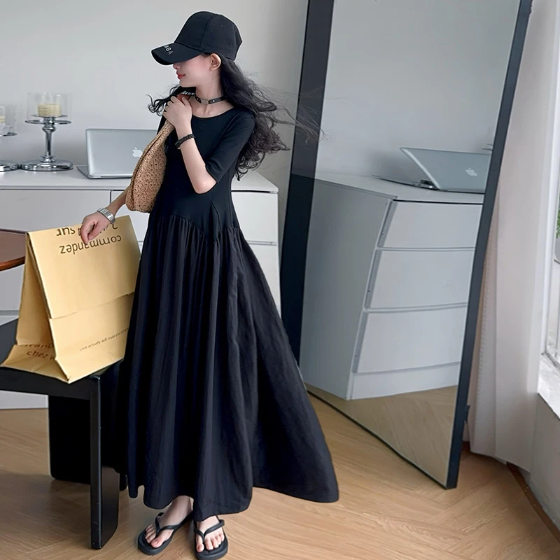 【嘻嘻柚】女童夏季法式松弛感收腰赫本风短袖拼接连衣裙高级感长裙