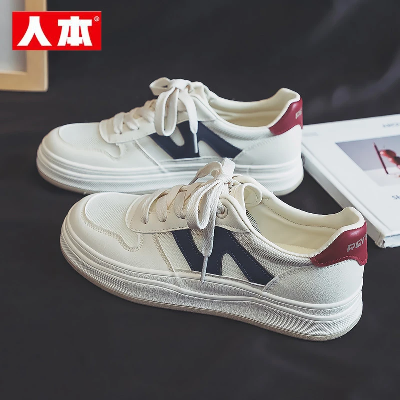 人本厚底网面小白鞋女2025秋季新款透气薄款休闲板鞋百搭运动鞋子