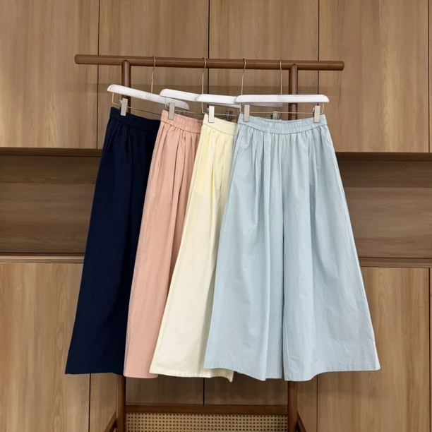 夏季慵懒风韩版纯色松紧腰宽松裙裤阔腿裤减龄百搭