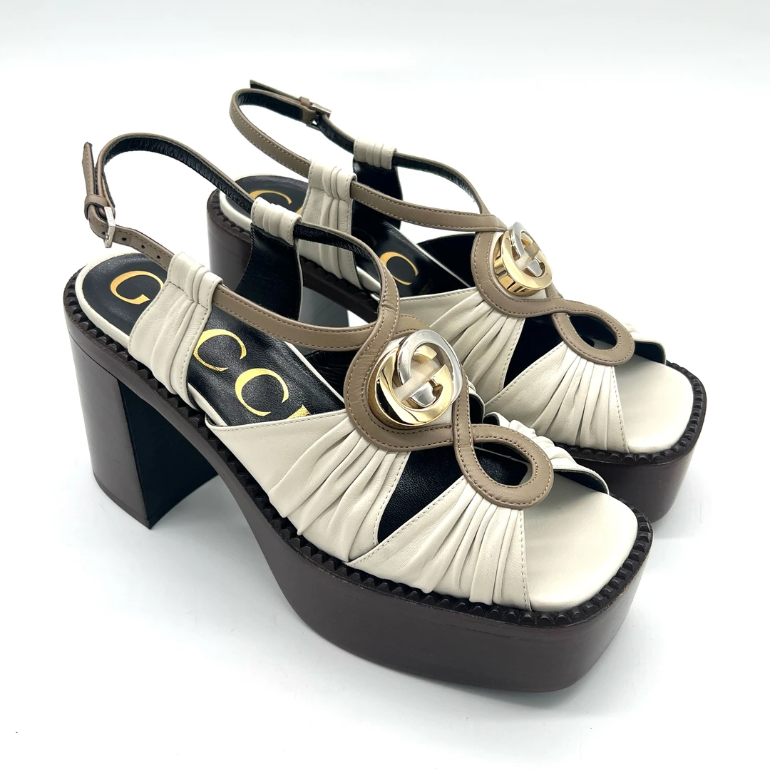 未使用 GUCCI/古驰 米色 金银大双G互扣 露跟搭扣时尚高跟鞋 37码