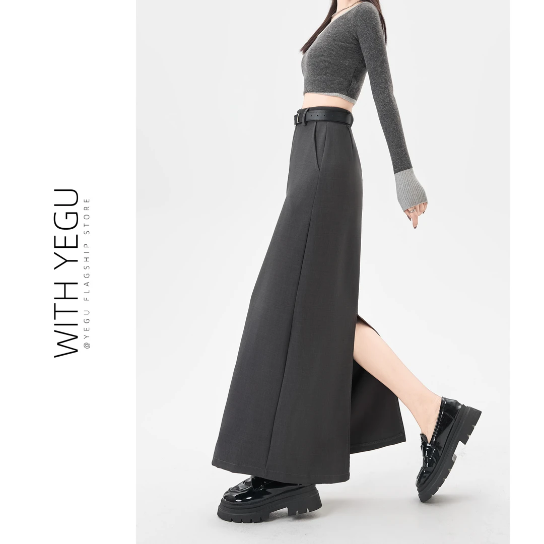 复古灰色后开叉半身裙女春秋新款高腰a字包臀裙中长款直筒西装裙