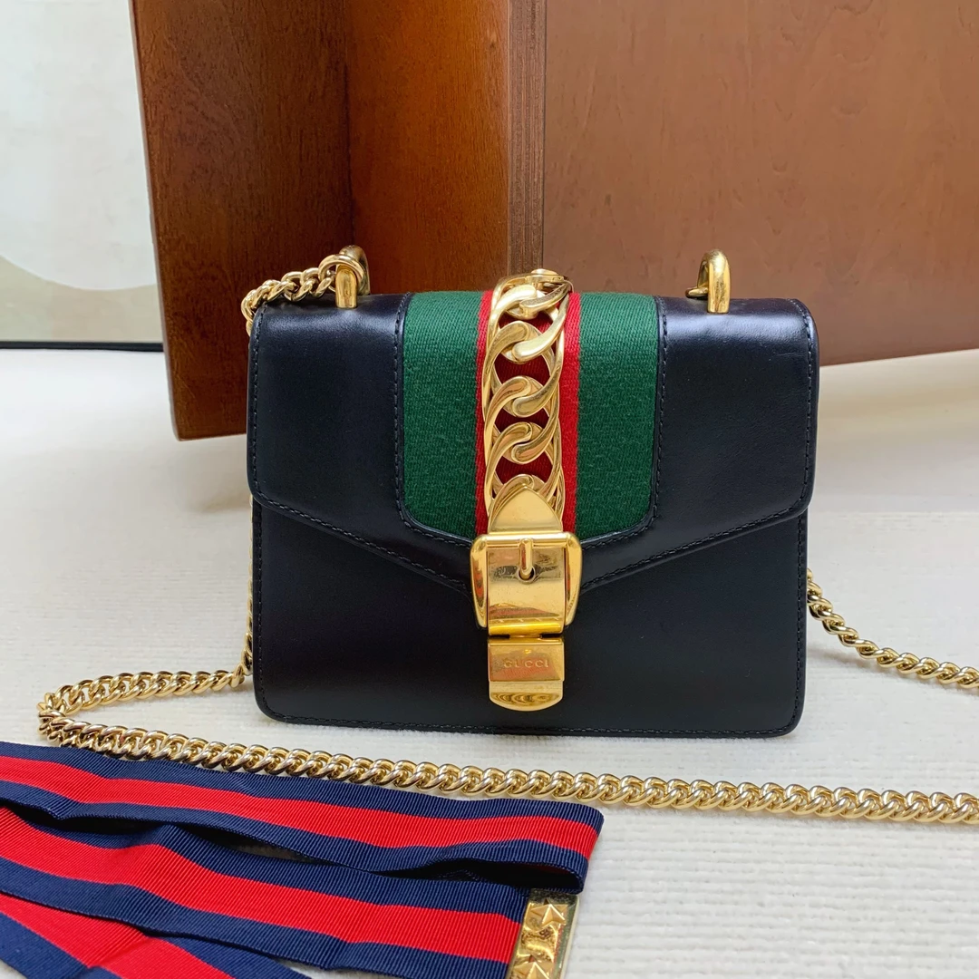 95新 GUCCI/古驰 【98新】Gucci Sylvia黑金小号 双肩带 -1808
