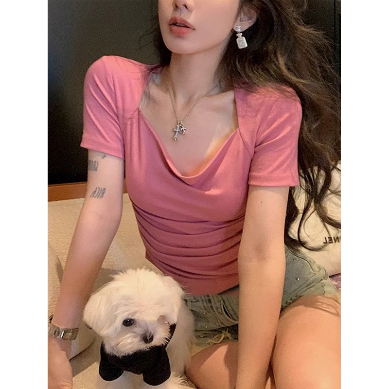 戈缕法式荡领不规则短袖T恤女夏季修身显瘦设计感甜辣纯欲上衣ins